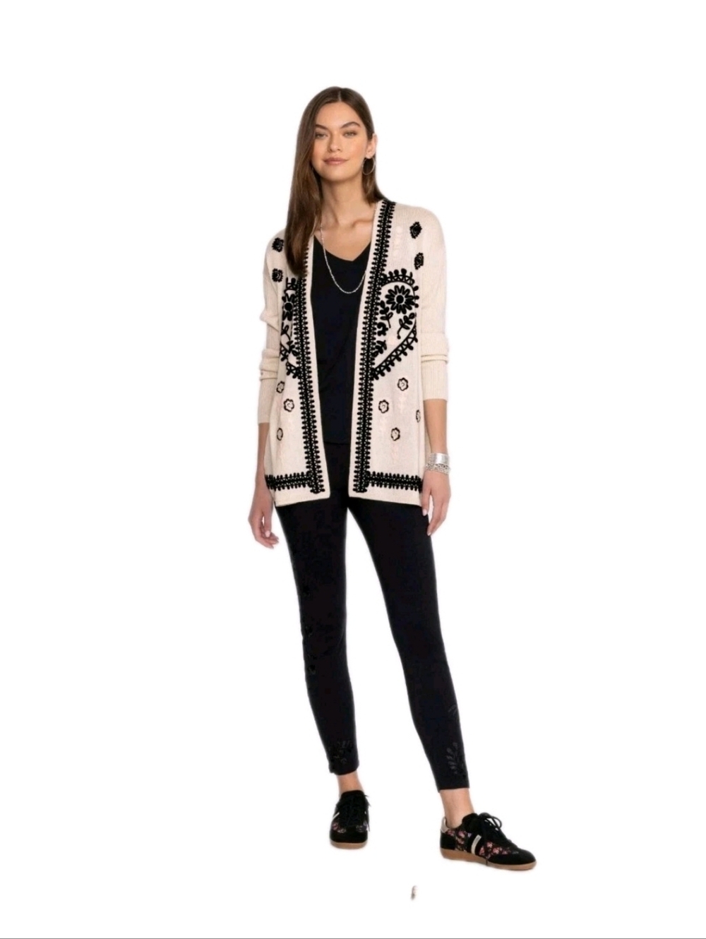 Johnny Was Los Angeles  Size XL Black Tonal Leggings Ankle Knit Embroidered $138